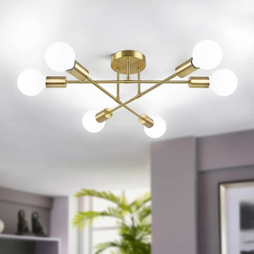 Modern Sputnik Chandelier 6-Light Industrial Ceiling Lights Fixture 22" Gold Semi Flush Mount Ceiling Light with E26 Base Sputnik Lights Fixture for Dining Room Bedroom Foyer Hallway Living Room