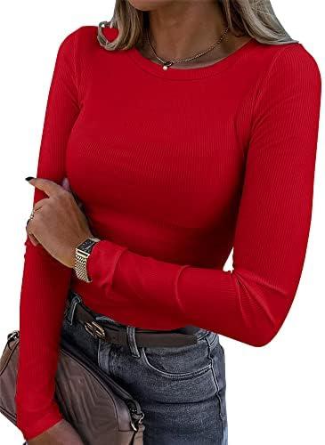 Roselux Womens Long Sleeve Stretch Crewneck Ribbed T-Shirt Fitted Casual Basic Tops. Size L