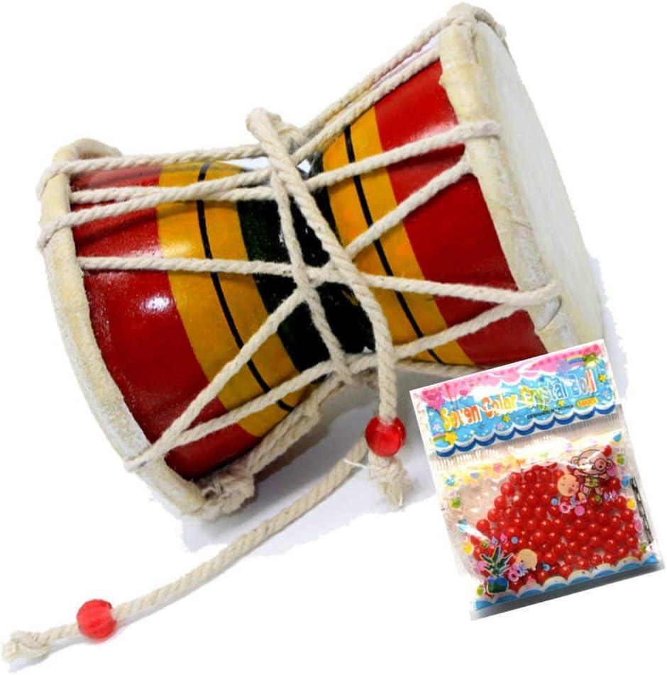 Yogic Mantra Shiv Damroo Music Drum (Approx Size 3.5" x 4") Bundle with Water Beads Random Color Sample Pack - Handheld Monkey Damru Hand Percussion Handmade Damaru Indian Musical Instrument