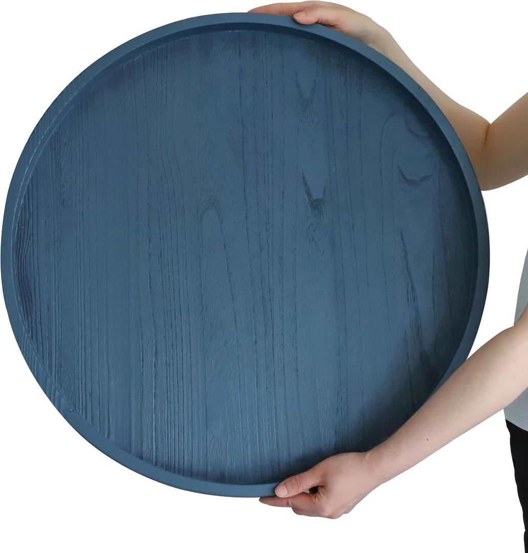 Gurfuy Round Ottoman Table Tray Round-24 - Rustic Wooden Serving Tray for Farmhouse Decorative Oversized Coffee Table Trays Living Room Kitchen Counter Breakfast Blue