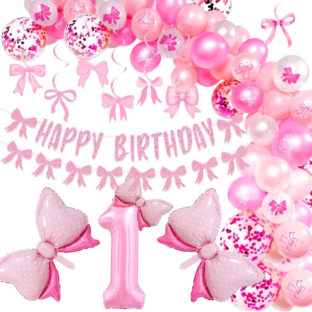 Pink Bow First Birthday Decorations,Coquette One Year Old Party Decors Include Banner Bow and Number Balloons Spiral Decor For Girl 1st Birthday
