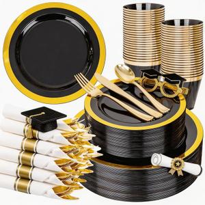 YOUBET 350PCS Black and Gold Plastic Plates - Gold Disposable Dinnerware Sets for 50 Guests - 100 Plastic Plates, 150 Gold Silverware, 50 Cups, 50 Pre Rolled Napkins for Party & Wedding Graduation