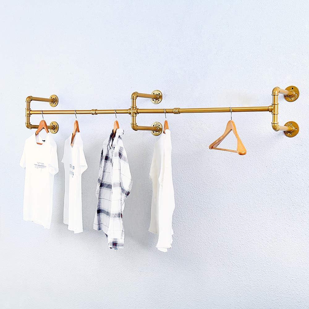 Industrial Pipe Clothes Rack Wall Mounted,Retail Metal Clothing Rack Wall Mount,Display Garment Rack for Hanging Clothes(70.86in,Gold)