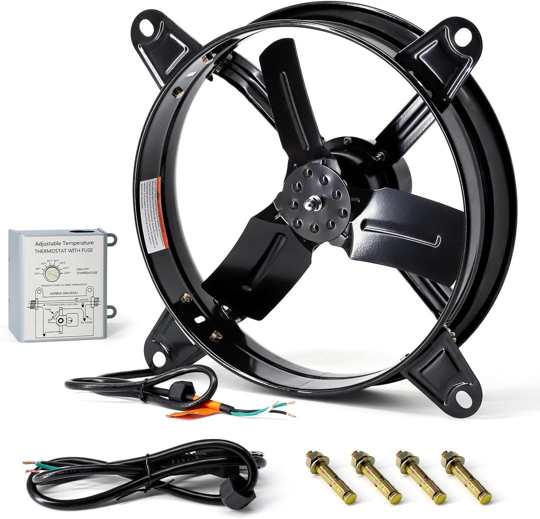 Criditpid 14" Gable Mount Vent Attic Fan, Exhaust Ventilation Fan with Adjustable Thermostat for Gable, Home, Shed, Garage, Portable Building, 1510RPM, 1239CFM, 1850 sq.ft Coverage Area.