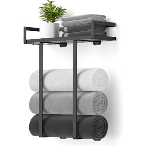 Towel Racks for Bathroom Wall Mounted, Xstydes Metal Towel Holder with Wooden Shelf for Folding Large Towels, Towel Storage for Small Bathroom Organizer Decor or RV Camping, Black
