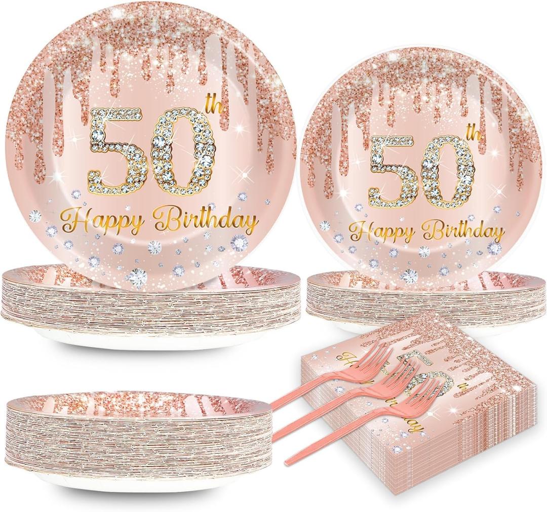 200 PCS Happy 50th Birthday Party Plates Napkins Pink Rose Gold Tableware Set for Women 1975 Decorations Dessert Plates Forks Serve 50 Guests for Girls 50th Birthday Party Supplies