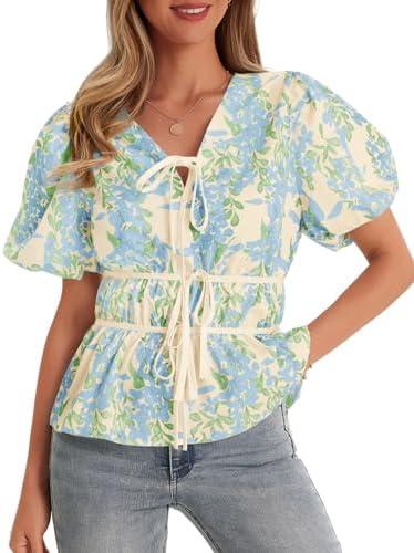 Cicy Bell Womens Puff Sleeve Tie Front Tops Summer Babydoll Peplum V Neck Blouse Casual Dressy Pleated Floral Print Shirts, Large
