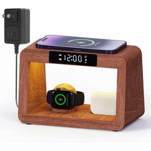 Wooden Bedside Table Lamp with Wireless Charging Station, LED Clock Display, 3 Night Light Modes, Bamboo (Sapele)
