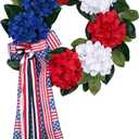 24 Inch Patriotic Front Door Wreath for July 4th Independence Day and Memorial Day, Artificial Red White Blue Hydrangea Wreath with USA Flag Printed Bow