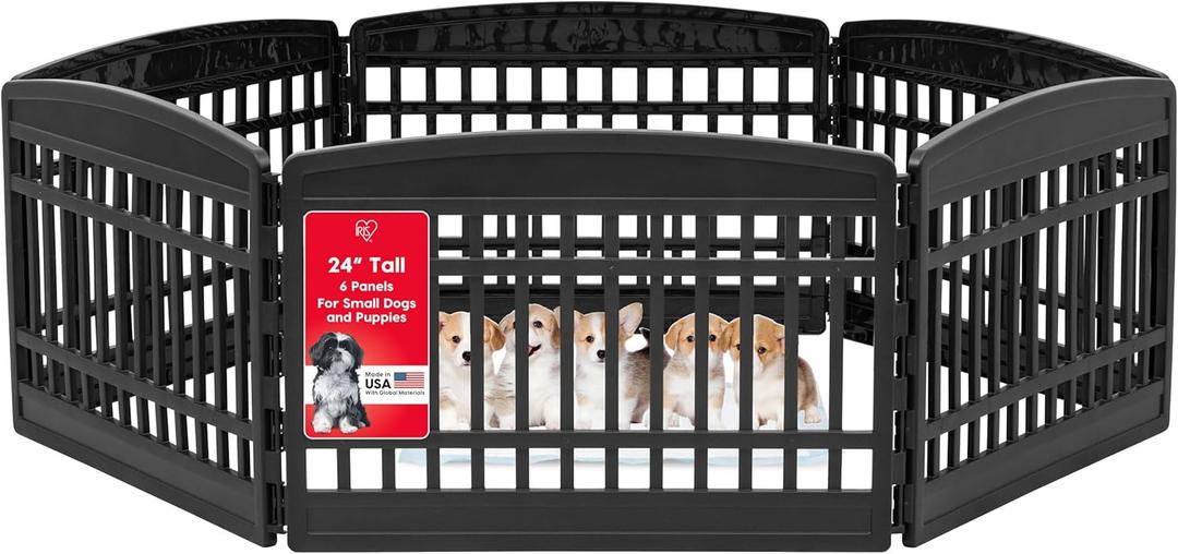 IRIS USA Dog Playpen Puppy Playpen Indoor  24" 6-Panel Dog Playpen, 61 x 61 x 24, Dog Play Pen Indoors for Puppies & Small Dogs, Plastic Pet Playpen, Indoor Dog Pen, Black