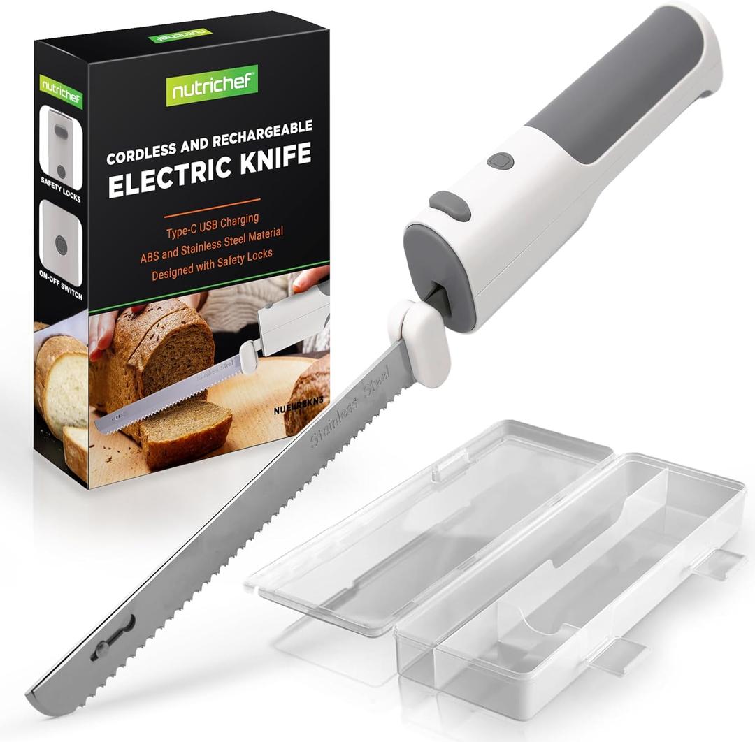 NutriChef Cordless Electric Knife | Easy to Use Constant ON/OFF Safety Function Button | Carve Turkey, Meats, Poultry, Bread, Cheese & More | Lightweight with Contoured Grip Handle | White & Grey