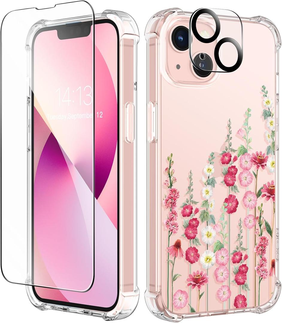 GVIEWIN for iPhone 13 Case Floral, with Screen Protector&Camera Lens Protector,[Non Yellowing] Soft Shockproof Clear Phone Protective Cover for Women, Flower Pattern Design 6.1"(Alcea/Red)