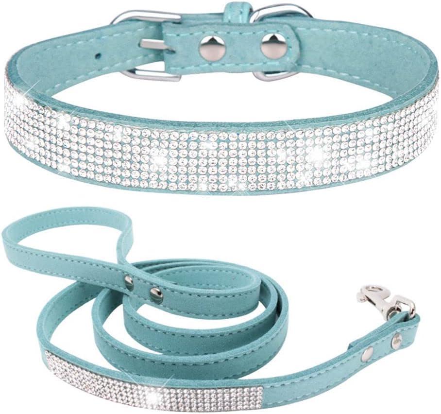 Female Dog Collar and Leash Set for Medium Dogs, Pretty Rhinestone Bling Dog Collar Diamond Crystal Glitter Jewel Girl Dog Collars for Small Medium Pet Dogs, Light Blue M