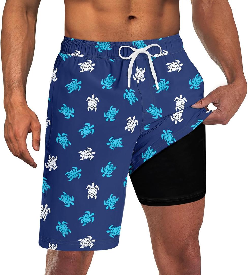 UNICOMIDEA Men Swim Trunks with Compression Liner 9 Inch Long Board Shorts (X-Large, A2 Blue White)