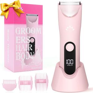 Bikini Trimmer for Women,Cordless Pubic Hair Trimmer,IPX7 Waterproof & LED Display Ladies Electric Razors Body Hair Trimmers for Underarm Leg Arm,Gifts Pink
