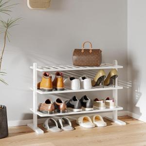 Varhomax White Shoe Rack, Bamboo Shoe Rack Organizer for Closet and Entryway, Thick Wooden Free Standing Shoe Shelf for Small Spaces, Sturdy & Versatile for Bedroom, Bathroom, Garage (3-Tier)