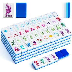 American Mahjong Tile Set(4 Layer), 1.2'' Mahjong Tile Set with Carrying Bag, 160 Blue Travel Mahjong Set, 4 All-in-One Rack/Pushers & Accessories, Unique Gift for Mahjong Lovers, Home/Travel, 1.2 x 0.9 x 0.5 inches