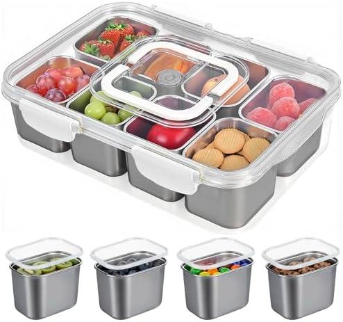 Snackle Box Container, 304 Stainless Steel Snack Containers, Portable Snacklebox for Veggie, Candy, Divided Serving Tray with Lid and Handle, 8 Compartment Fruit Platter for Party, Picnic, Travel