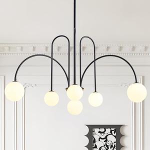 HCCZ Modern Black Sputnik Chandelier 6Light Mid Century Chandelier for Dining Room with Milky Glass Globe Ceiling Pendent Light Fixture for Living Room Kitchen Island Foyer Bedroom