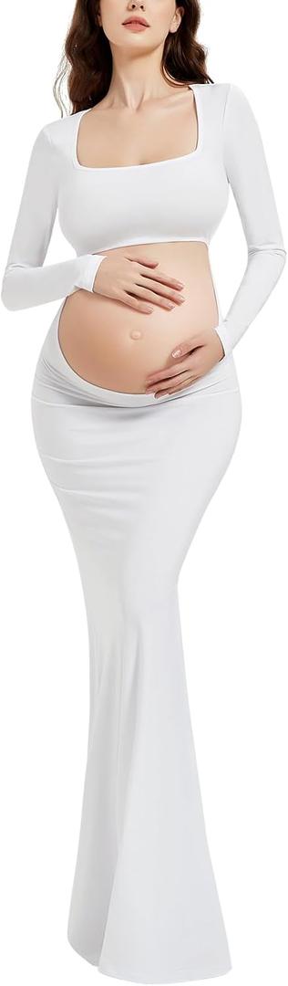 Bhome Maternity Photoshoot Dress Long Sleeve Sexy Cut-Out Backless Maternity Maxi Gown Photography Outfits (Medium, White)
