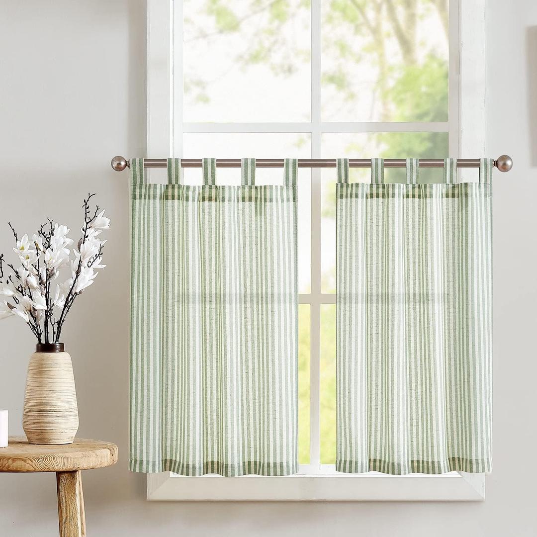 jinchan Tab Top Linen Kitchen Curtains 24 Inches Striped Tier Curtains Farmhouse Modern Cafe Style Small Window Treatments Airy Light Filtering Rod Pocket for Living Room Bathroom 2 Panels Sage Green