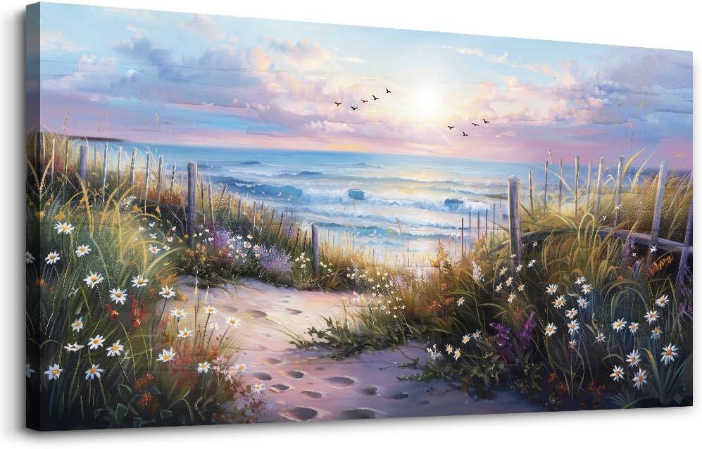 hyidecorart Large Wall Art For Living Room Canvas Wall Decor For Bedroom Blue Ocean Artwork Pictures Flower Beach Scenery Wall Painting Framed for Office Hotel Decor Modern Posters Home Decorations 60"L x 30"W