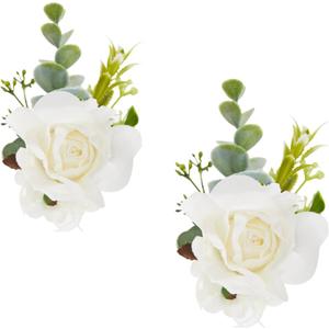 White Rose Wrist Corsage, Pack of 2 PCS Wedding Bridal Wrist Flower Corsage Hand Flower Artificial Silk Rose Decor for Prom Party Wedding