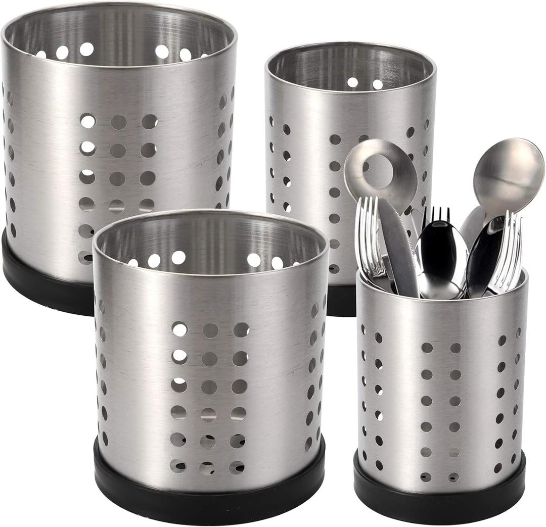 TOPZEA Set of 4 Kitchen Utensil Holder, Stainless Steel Cooking Utensil Organizer Kitchen Tools Flatware Holder Utensil Drying Cylinder Countertop Silverware Caddy