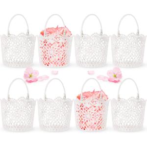 WILLBOND 8 Pcs White Flower Girl Basket with Handle for Wedding Ceremony, 5.9 x 4.72 x 4.33 Inch