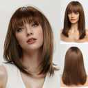 BLONDE UNICORN Natural Brown 16 Inch Bob Wig with Bangs 100% Human Hair,Shoulder Length Wigs for White Women Daily Use 180 Density