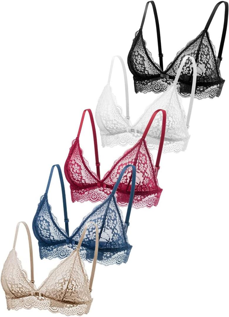 Lace Bralettes for Women No Underwire Sexy Triangle See Thru V Neck Unpadded Bra (Pack of 5 (Black+white+red+blue+nude)), Size XL