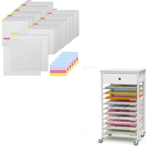Caydo 32 Pieces Scrapbook Tabbed Dividers with 12x12 Paper Storage Organizer-10 Tier Rolling Storage Cart with Drawer and Table Workstation, Scrapbook Paper Storage for Craft Room Home