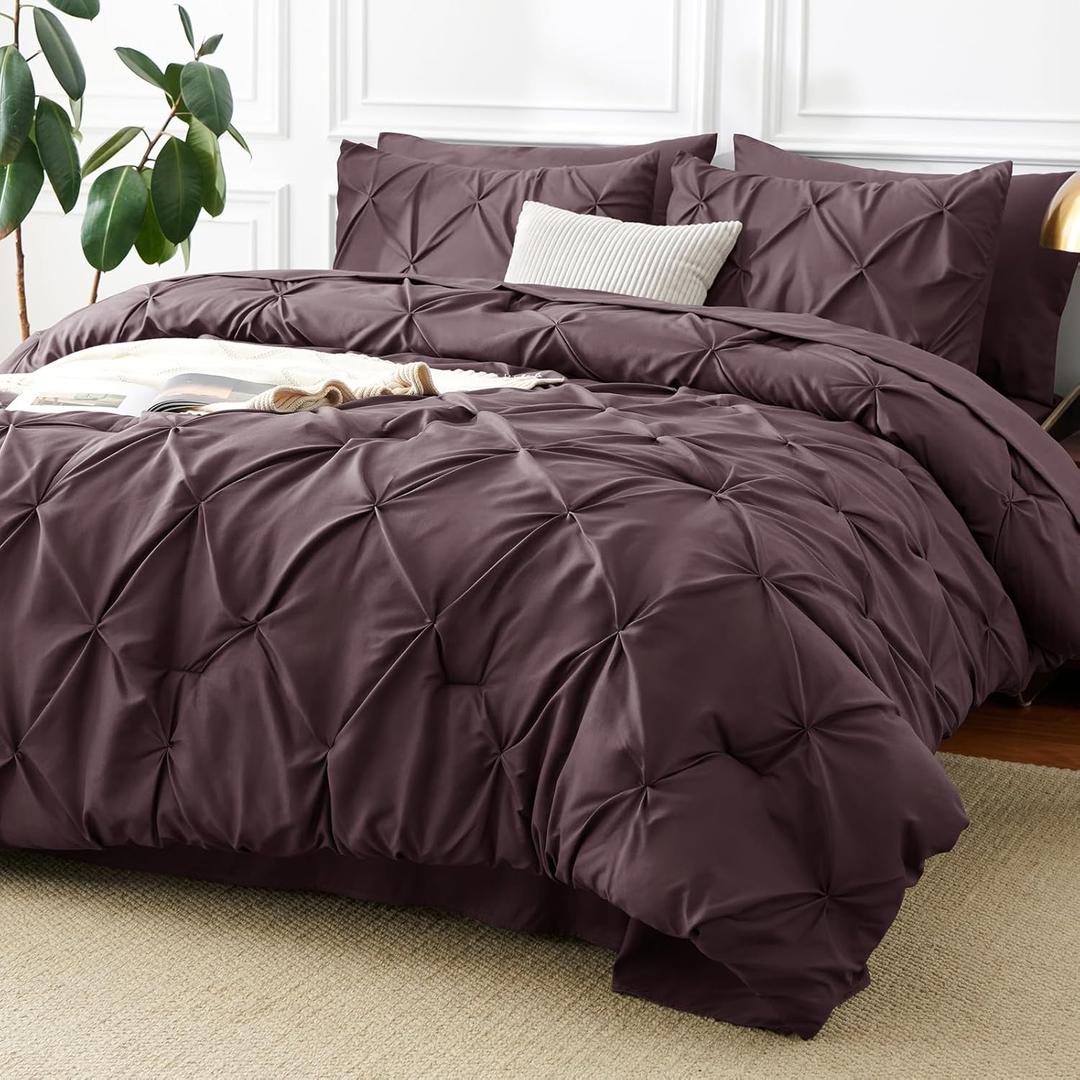 Queen Comforter Set Cocoa Powder, 7 Pieces Pintuck Bed in A Bag, All Season Comforter Queen Size, Bed Set Gift for Family, Pinch Pleat Bedding Sets with Comforter, Sheets, Pillowcases & Shams