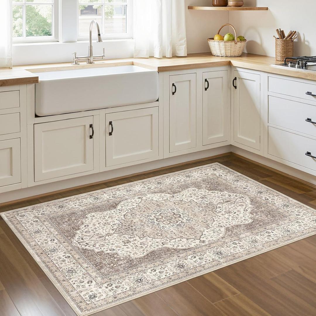 3x5 Washable Entryway Rug: Non-Slip Soft Indoor Throw Area Rug for Living Room Bedroom Kitchen, Boho Floral Distressed Durable Carpet for Hallway Bathroom Laundry Home Decor (Brown/Beige)