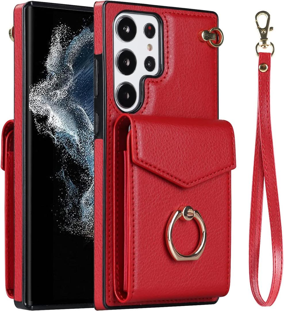 Asuwish Phone Case for Samsung Galaxy S23 Ultra 5G Wallet Cover with Screen Protector and Ring Stand Credit Card Holder Leather Kickstand Cell Accessories S23ultra 23S S 23 S23ultra5g Women Men Red