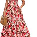 PRETTYGARDEN Smocked Tank Floral Maxi Dresses for Women 2025 Wedding Guest Dress Sleeveless Flowy Long Sundress with Pockets (Medium, Floral Orange Pink Red)