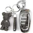 Cute Key Fob Cover with Rhinestone Bear Charm, Bling TPU Smart Key Case for Women, Compatible with Hyundai Sonata Santa Fe Tucson Nexo 2019-2021 Palisade 2023-2024 (7-Button, Black)