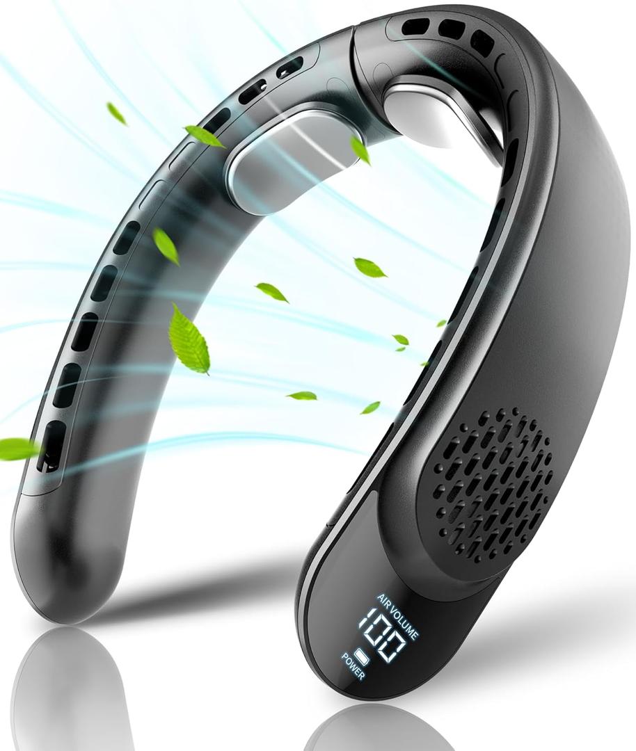 Portable Neck Fan, 4 Turbo Neck Fan, 4000 mAh Battery Operated, USB Rechargeable Personal Fan, 3 Speeds, 360 Cooling Airflow, LED Display, Wearable Fan for Home, Office, Travel, Gifts (Black)