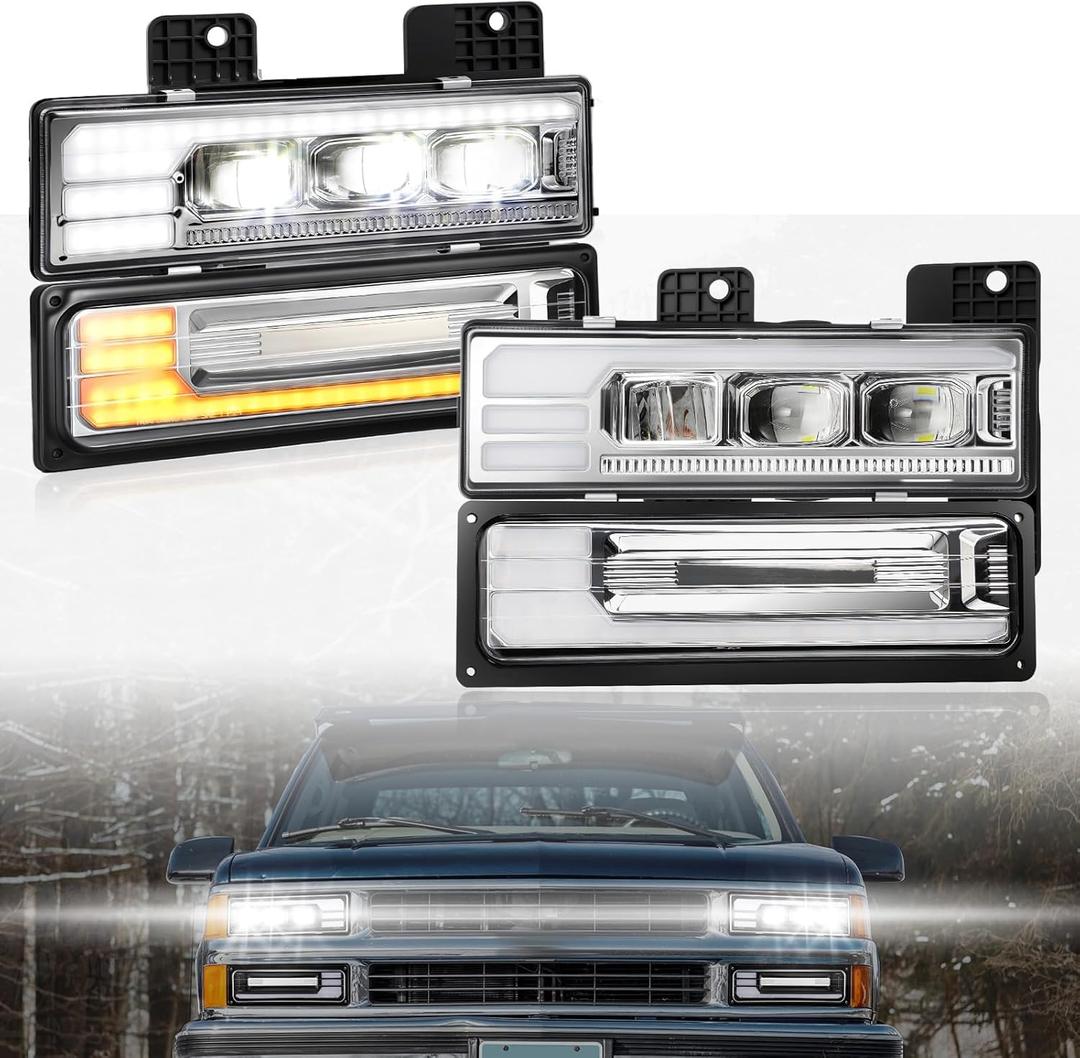 Partsam LED Headlights Assembly DOT Approved with DRL Sequential Turn Signal High/Low Beam Start Animation Lights Chrome Replacement for OBS Truck Silverado C/K 1500/2500/3500 88-98, 6500K 12V IP67