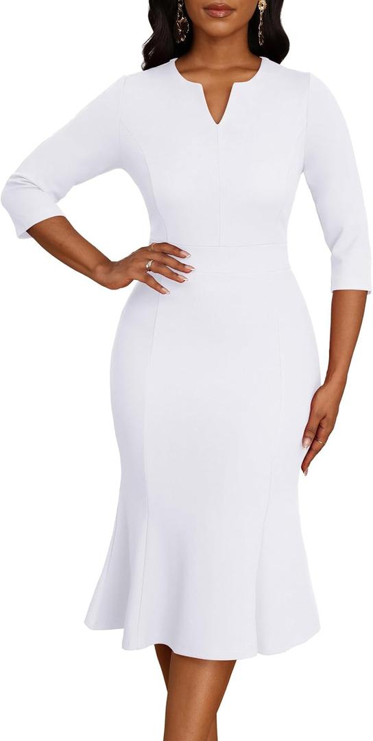 Nmoder Women Mermaid Cocktail Bodycon Church Fishtail Midi Dresses V-Neck | Sheath Ruffle Hem with Femininity, Slim Fit to Show Curve, 3/4 Sleeve Midi Length for Semi-Formal, Wedding Guest, Business (White, M)