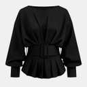 Burtell Boat Neck Long Sleeve Shirts Tops For Women Slim Fit Crew Neck Ruffle Pullover Sweatshirt Fall Peplum Tops with Belt (Black, M)