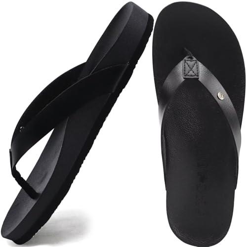 ONCAI Womens Flip Flops For Women Comfortable Strap Yoga Mat Non-Slip Women's Thong Sandal Casual Summer Beach Slippers With Arch Support Black Size 9.5