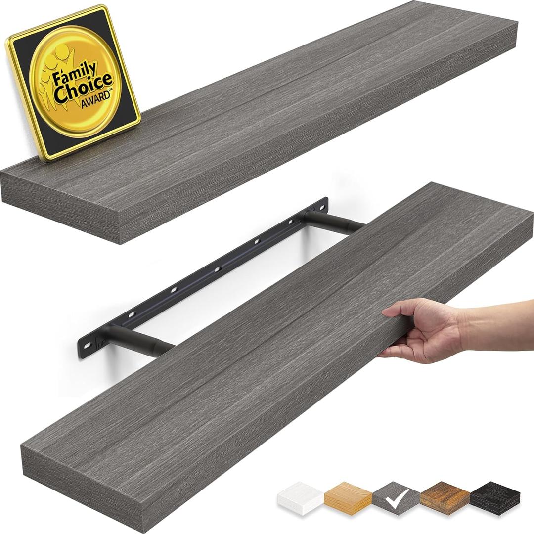 BAYKA Floating Shelves Grey, 22.5 inches Rustic Wood Wall Mounted Shelves for Bathroom, Bedroom, Living Room, Kitchen, Hanging Shelf for Books/Storage/Decor (Gray,Set of 2)