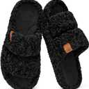 EverFoams Womens Fuzzy Open-toe Slippers Soft Comfy Memory Foam Indoor House Shoes (7-8, Matt Black)
