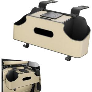 1 PC Backseat Organizer with Dual Cup Holder, Multi-function Tissue Hanging Box and 2 Hooks, Extra Rear Seat Road Trip Storage Accessories, Universal for Most Cars, Trucks, SUVs (Beige)