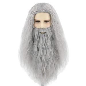 Topcosplay Men Wigs and Beard Set Long Gray Cosplay Halloween Costume Party Wizard Wig