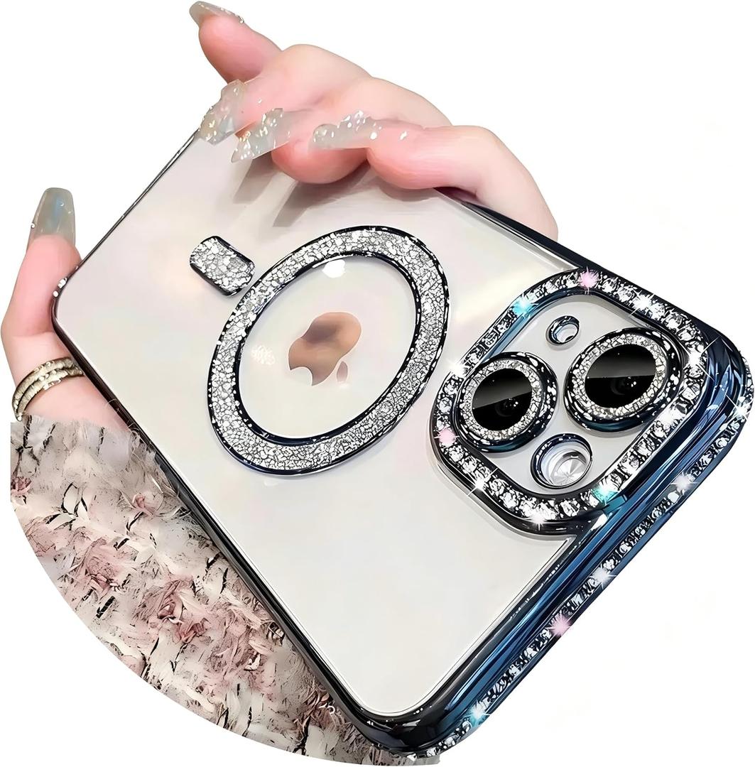 Magnetic Glitter Diamond for iPhone 14 Case[Compatible with MagSafe] Sparkle Rhinestone Camera Lens Protector Plated,Crtstal Clear Slim Military Drop Shockproof Cover for Women,Blue