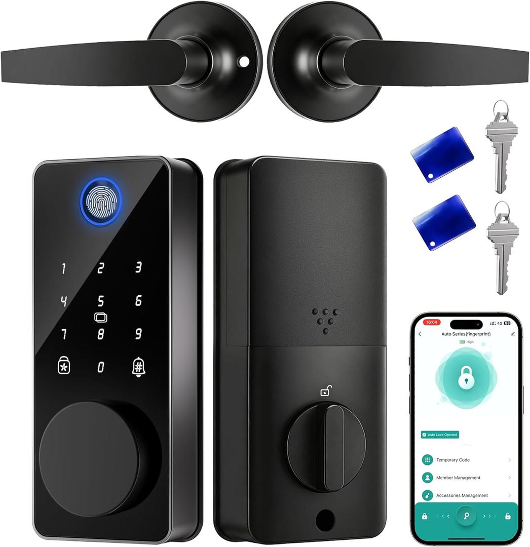 Smart Lock with 2 Lever Handle Set, Fingerprint Keyless Entry Door Lock Front Door App Control, Electronic Touchscreen Keypad Deadbolt, Auto Lock, IP54 Waterproof, Easy Install Built-in Doorbell