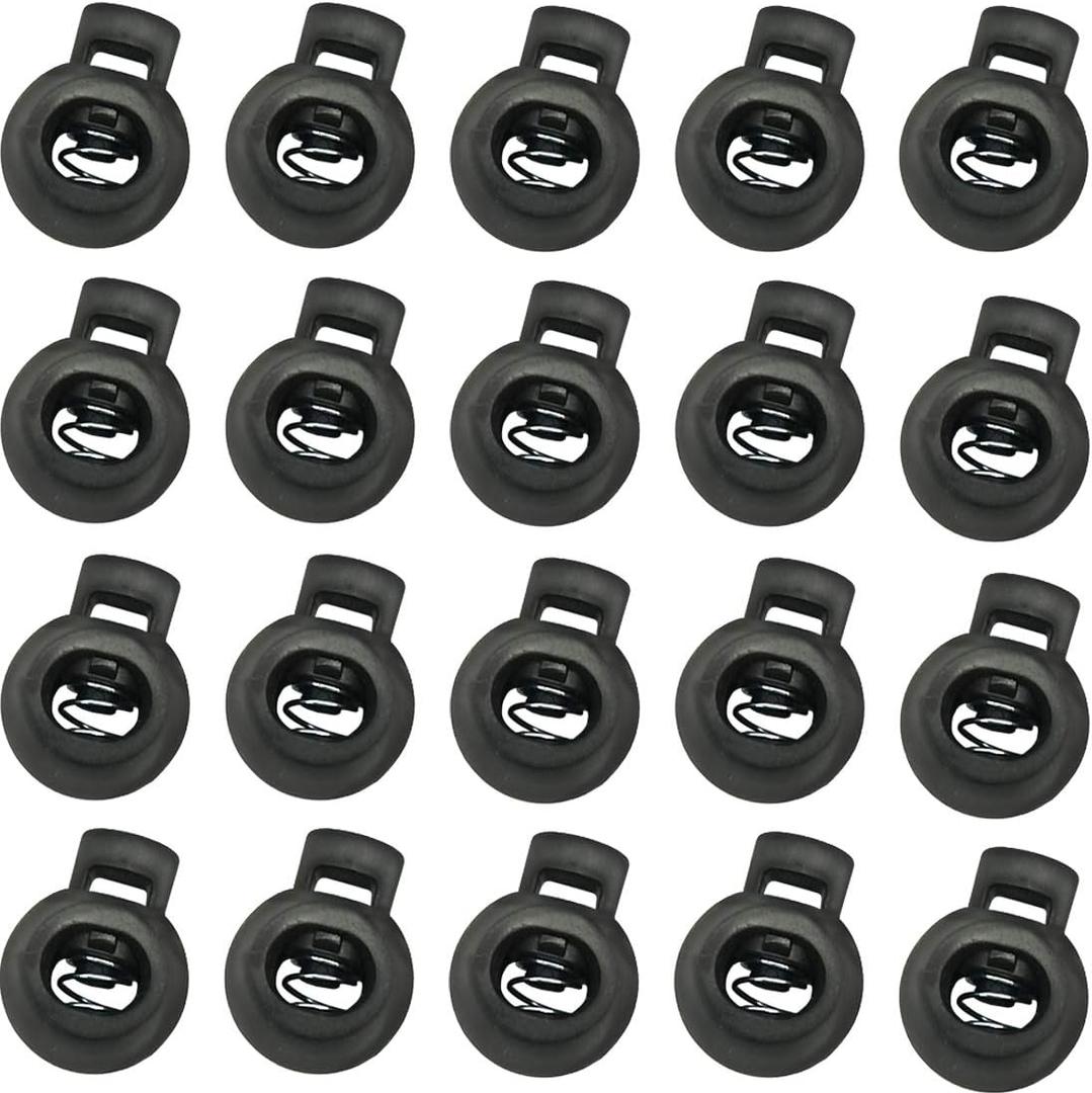TIHOOD 100PCS Plastic Toggle Single Hole Spring Loaded Elastic Drawstring Rope Cord Locks Clip Ends Round Ball Shape Luggage Lanyard Stopper Sliding Fastener Buttons, Black