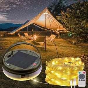 Solar Camping String Lights, 39.4FT Fairy String Lights 150LEDs, Portable Waterproof Camp Lamp with 8 Lighting Modes, Hanging Rechargeable Tent Lantern for Garden Party Christmas Decor-Remote Control, 2 Pieces